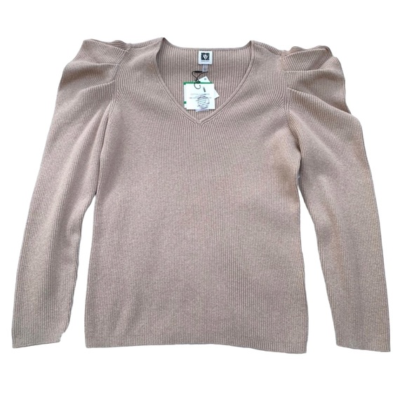 Anne Klein Tan Ribbed Sweater V Neck Puffed Sleeve NWT Women Size Large - Picture 1 of 11